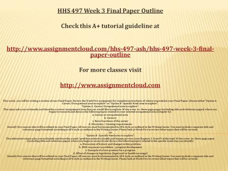 HHS 497 Week 3 Final Paper Outline Check this A+ tutorial guideline at  paper-outline For.