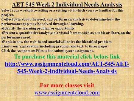 AET 545 Week 2 Individual Needs Analysis Select your workplace setting or a setting with which you are familiar for this project. Collect data about the.