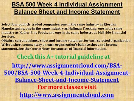 BSA 500 Week 4 Individual Assignment Balance Sheet and Income Statement Select four publicly traded companies: one in the same industry as Riordan Manufacturing,