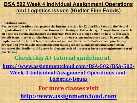 BSA 502 Week 4 Individual Assignment Operations and Logistics Issues (Kudler Fine Foods) Operations Focus Review the Operations web page in the intranet.