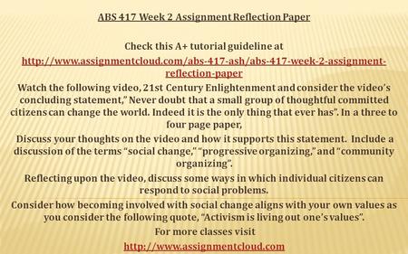 ABS 417 Week 2 Assignment Reflection Paper Check this A+ tutorial guideline at  reflection-paper.