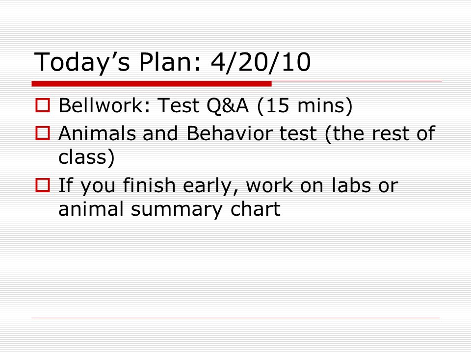 Today's Plan: 4/20/10  Bellwork: Test Q&A (15 mins)  Animals and Behavior  test (the rest of class)  If you finish early, work on labs or animal  summary. - ppt download