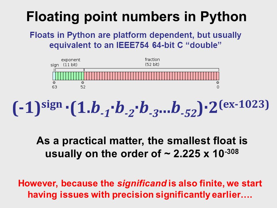 Floating point numbers in Python Floats in Python are platform dependent,  but usually equivalent to an IEEE bit C “double” However, because the  significand. - ppt download