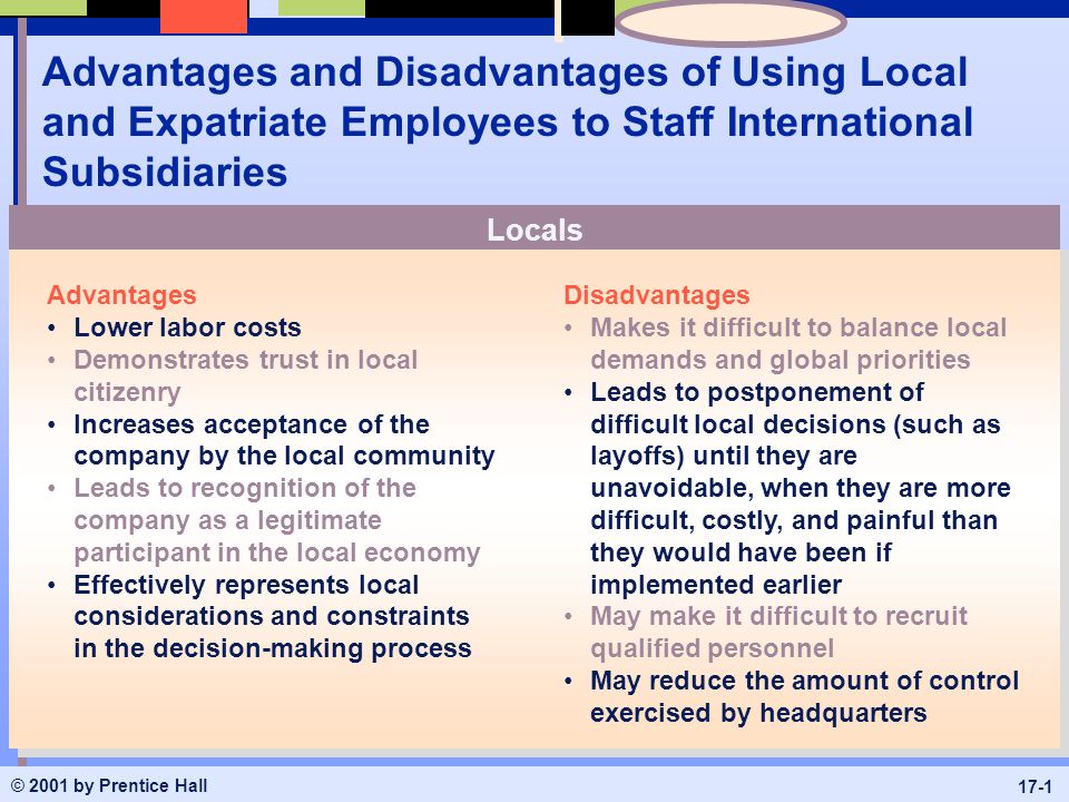 2001 by Prentice Hall 17-1 Advantages and Disadvantages of Using Local and Expatriate  Employees to Staff International Subsidiaries Locals Advantages. - ppt  download