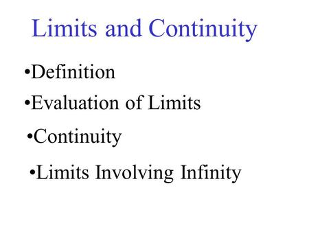 Limits and Continuity Definition Evaluation of Limits Continuity Limits Involving Infinity.