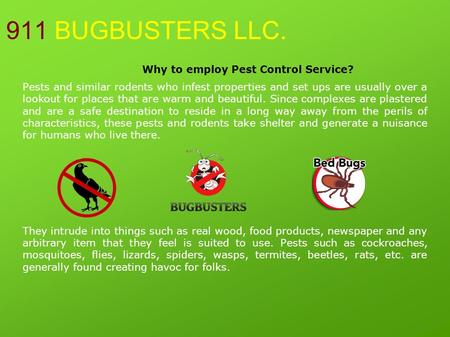 911 BUGBUSTERS LLC. Pests and similar rodents who infest properties and set ups are usually over a lookout for places that are warm and beautiful. Since.