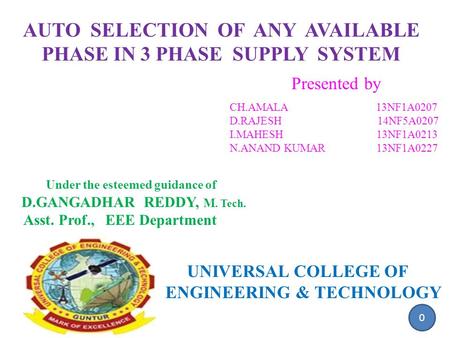 Presented by Under the esteemed guidance of D.GANGADHAR REDDY, M. Tech. Asst. Prof., EEE Department UNIVERSAL COLLEGE OF ENGINEERING & TECHNOLOGY AUTO.