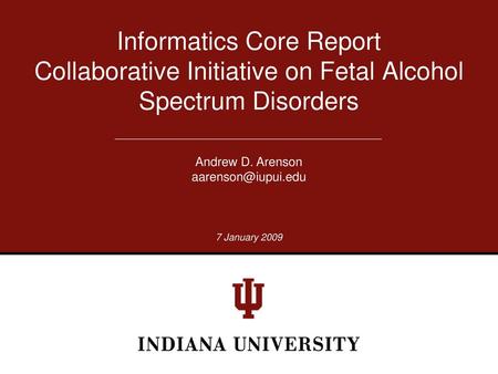 Informatics Core Report Collaborative Initiative on Fetal Alcohol Spectrum Disorders Andrew D. Arenson aarenson@iupui.edu 7 January 2009.