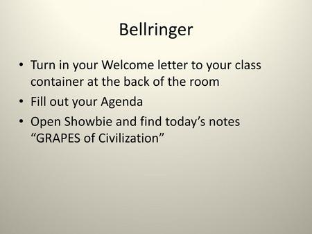 Bellringer Turn in your Welcome letter to your class container at the back of the room Fill out your Agenda Open Showbie and find today’s notes “GRAPES.