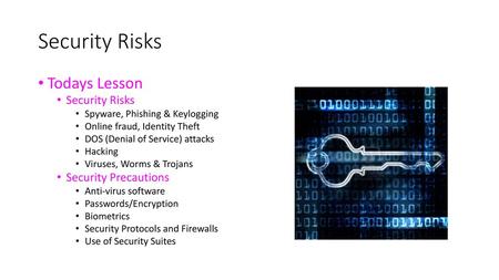 Security Risks Todays Lesson Security Risks Security Precautions