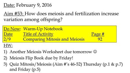 Date: February 9, 2016 Aim #53: How does meiosis and fertilization increase variation among offspring? HW: Another Meiosis Worksheet due tomorrow  Meiosis.