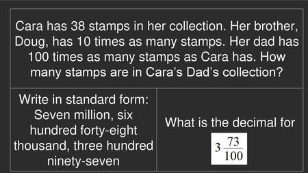 Cara has 38 stamps in her collection