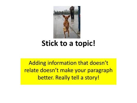Stick to a topic! Adding information that doesn’t relate doesn’t make your paragraph better. Really tell a story!