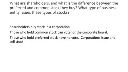 What are shareholders, and what is the difference between the preferred and common stock they buy? What type of business entity issues these types of stocks?