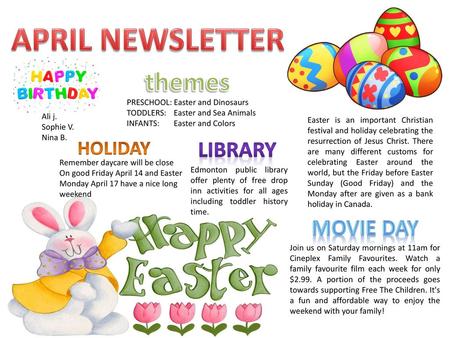 APRIL NEWSLETTER themes Library MOVIE DAY HOLIDAY