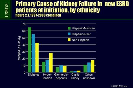 Primary Cause of Kidney Failure in new ESRD patients at initiation, by ethnicity figure 2.1, 1997-2000 combined.