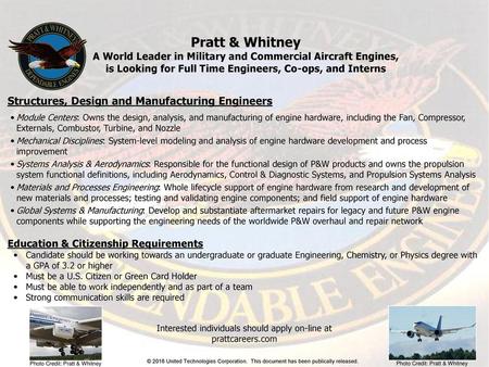Pratt & Whitney Structures, Design and Manufacturing Engineers