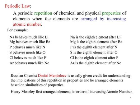 Periodic Law: A periodic repetition of chemical and physical properties of elements when the elements are arranged by increasing atomic number. For example: