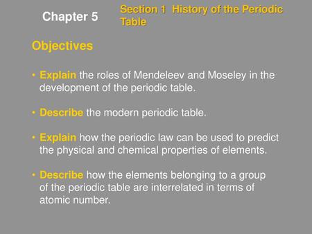 Chapter 5 Objectives Section 1 History of the Periodic Table
