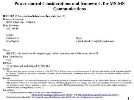 Power control Considerations and framework for MS-MS Communications