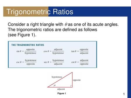 Trigonometric Ratios Consider a right triangle with  as one of its acute angles. The trigonometric ratios are defined as follows (see Figure 1). Figure.
