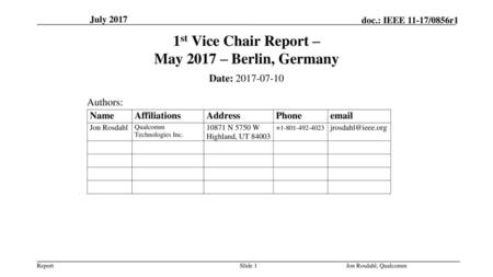 1st Vice Chair Report – May 2017 – Berlin, Germany