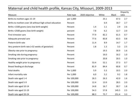 Maternal and child health profile, Kansas City, Missouri,