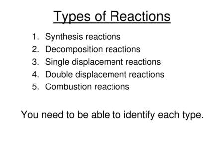 Types of Reactions You need to be able to identify each type.