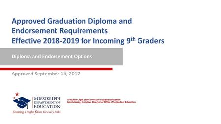 Approved Graduation Diploma and Endorsement Requirements Effective 2018-2019 for Incoming 9th Graders Diploma and Endorsement Options Approved September.