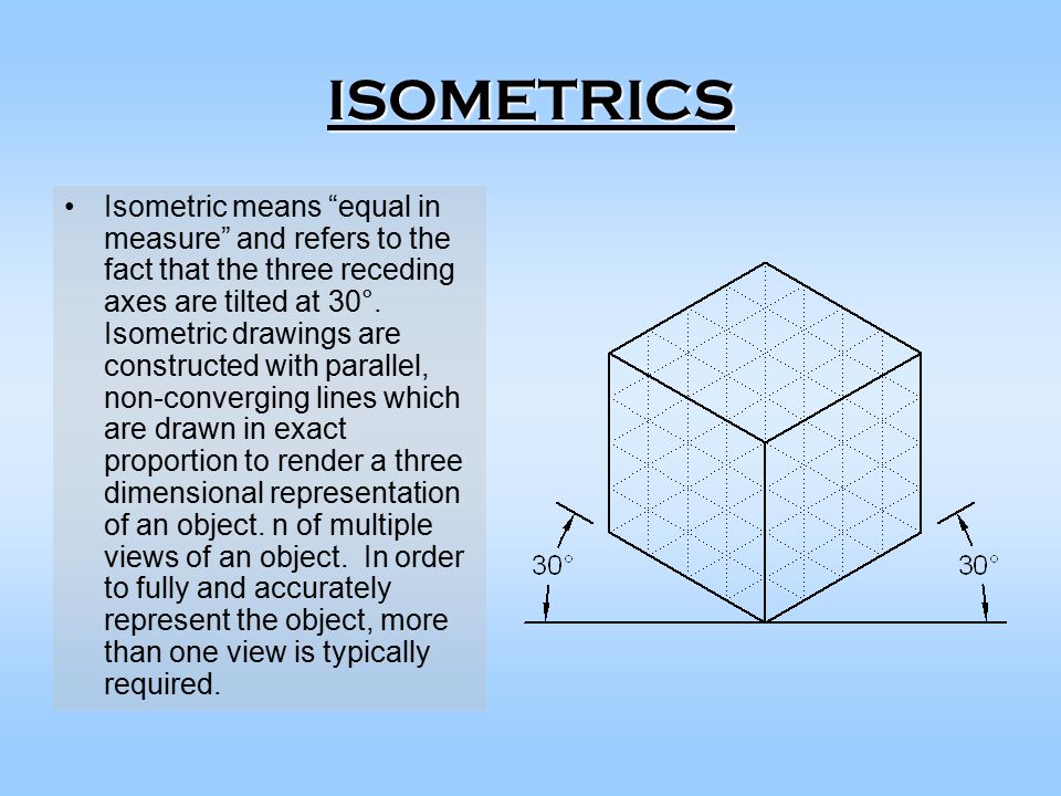 ISOMETRICS Isometric means equal in measure and refers to the fact that  the three receding axes are tilted at 30 Isometric drawings are  constructed  ppt video online download