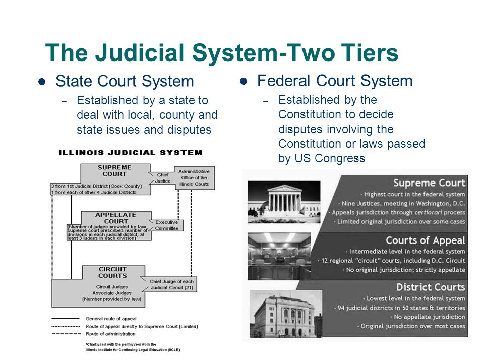 The Judicial System-Two Tiers State Court System – Established by a state  to deal with local, county and state issues and disputes Federal Court  System. - ppt download