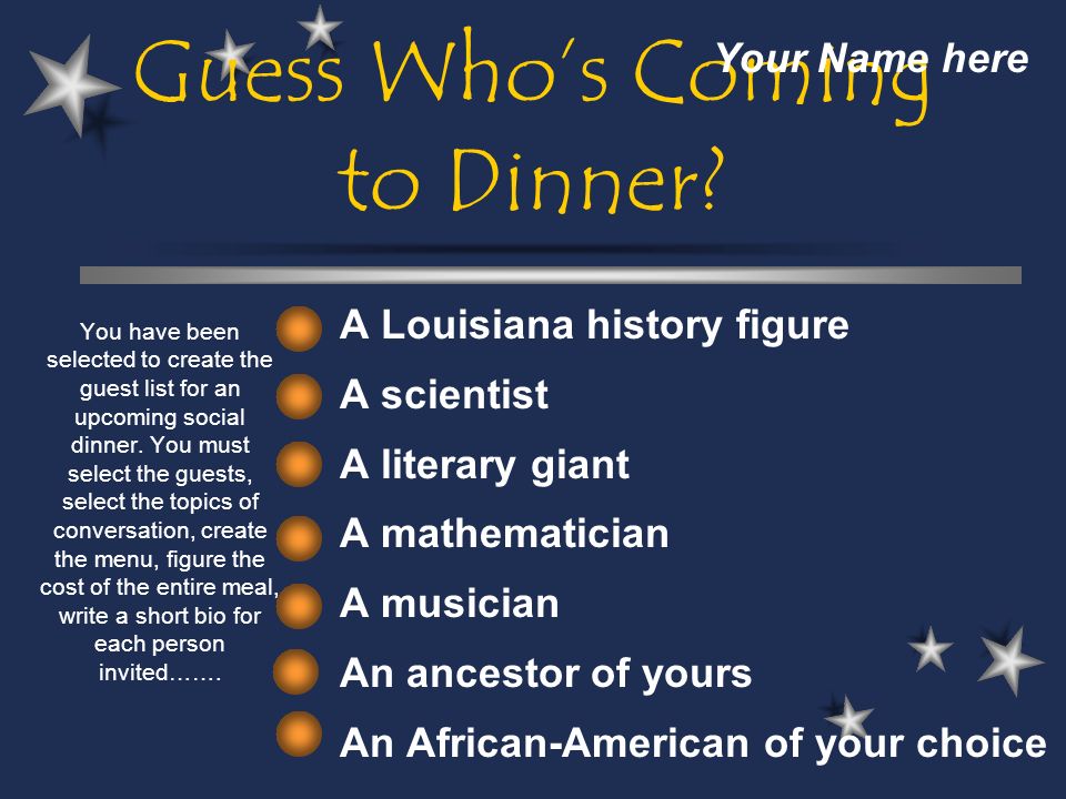 Guess Who's Coming to Dinner? A Louisiana history figure A scientist A  literary giant A mathematician A musician An ancestor of yours An  African-American. - ppt download