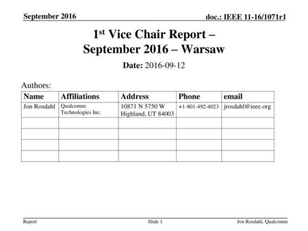 1st Vice Chair Report – September 2016 – Warsaw
