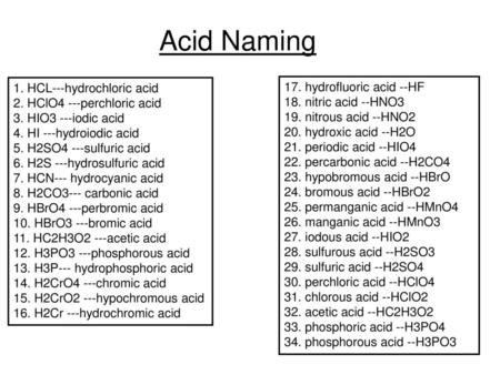 Acid Naming 1. HCL---hydrochloric acid 17. hydrofluoric acid --HF