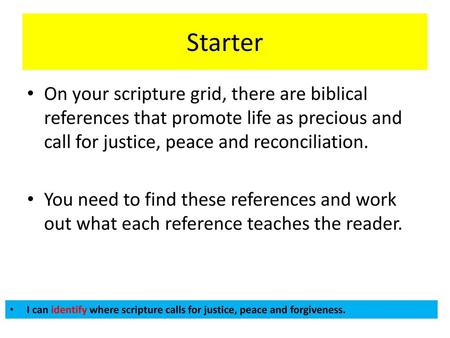 Starter On your scripture grid, there are biblical references that promote life as precious and call for justice, peace and reconciliation. You need to.