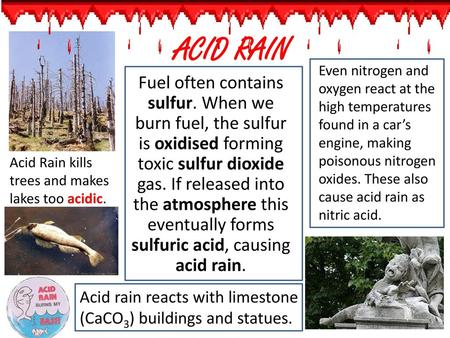 ACID RAIN Even nitrogen and oxygen react at the high temperatures found in a car’s engine, making poisonous nitrogen oxides. These also cause acid rain.
