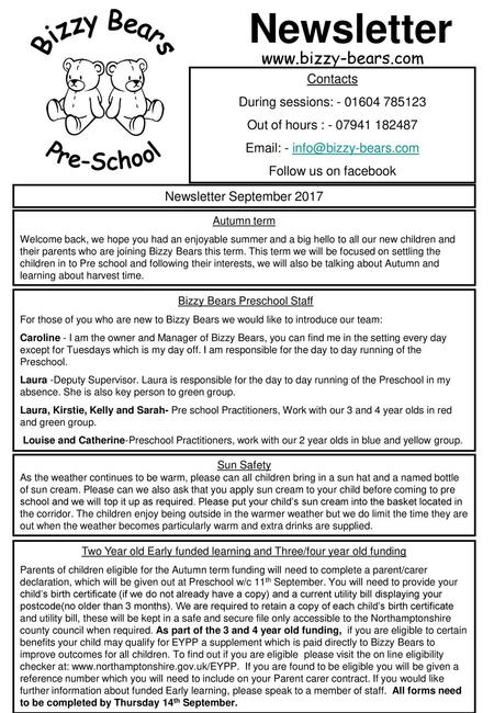 Bizzy Bears Pre-School Newsletter  Contacts