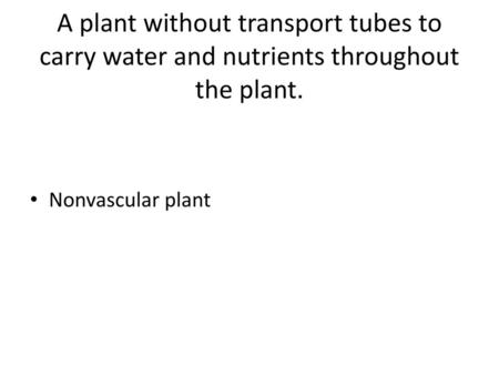 A plant without transport tubes to carry water and nutrients throughout the plant. Nonvascular plant.