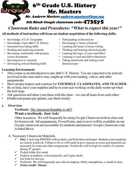 Classroom Rules and Procedures: “What to expect this year!”