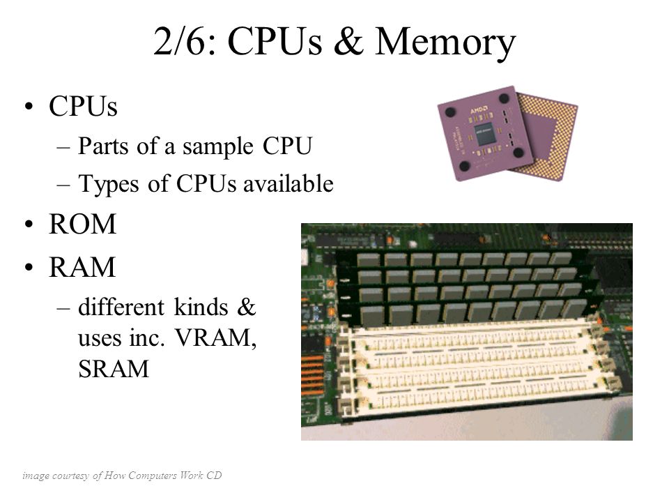 2/6: CPUs & Memory CPUs –Parts of a sample CPU –Types of CPUs available ROM  RAM –different kinds & uses inc. VRAM, SRAM image courtesy of How  Computers. - ppt download