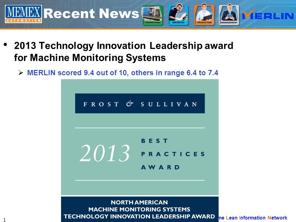 Manufacturing Execution Real-time Lean Information Network Recent News 2013  Technology Innovation Leadership award for Machine Monitoring Systems   MERLIN. - ppt download