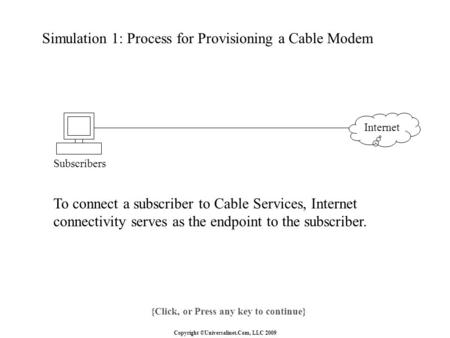 Copyright ©Universalinet.Com, LLC 2009 Internet To connect a subscriber to Cable Services, Internet connectivity serves as the endpoint to the subscriber.