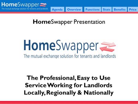 HomeSwapper Presentation The Professional, Easy to Use Service Working for Landlords Locally, Regionally & Nationally AgendaOverviewFunctionsStatsBenefitsPrice.