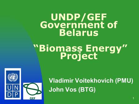 1 UNDP/GEF Government of Belarus Biomass Energy Project Vladimir Voitekhovich (PMU) John Vos (BTG)