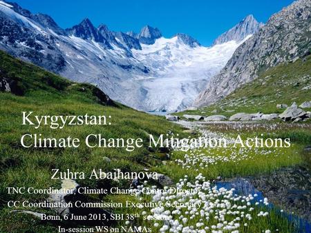 Kyrgyzstan: Climate Change Mitigation Actions Zuhra Abaihanova TNC Coordinator, Climate Change Centre Director, CC Coordination Commission Executive Secretary.