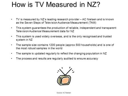 How is TV Measured in NZ? TV is measured by NZs leading research provider – AC Nielsen and is known as the Seven Steps of Television Audience Measurement.