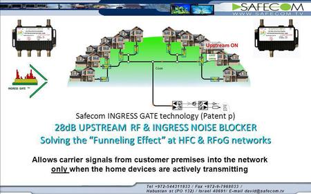 Safecom INGRESS GATE technology (Patent p) 28dB UPSTREAM RF & INGRESS NOISE BLOCKER Solving the “Funneling Effect” at HFC & RFoG networks Allows carrier.