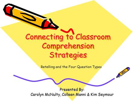 Connecting to Classroom Comprehension Strategies Presented By: Carolyn McNulty, Colleen Manni & Kim Seymour Retelling and the Four Question Types.