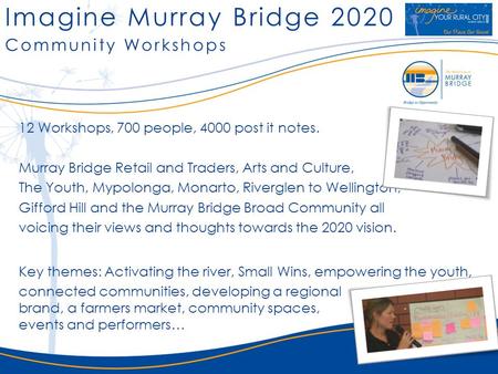 Imagine Murray Bridge 2020 12 Workshops, 700 people, 4000 post it notes. Murray Bridge Retail and Traders, Arts and Culture, The Youth, Mypolonga, Monarto,