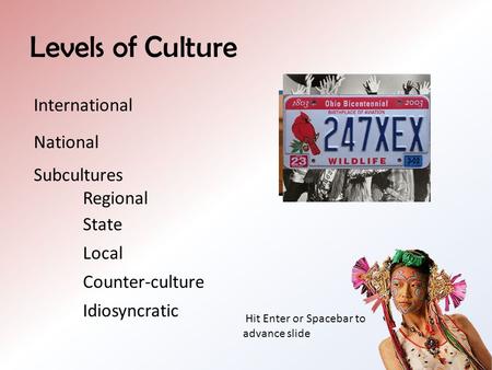 Levels of Culture International National Subcultures Regional State Local Counter-culture Idiosyncratic Hit Enter or Spacebar to advance slide.